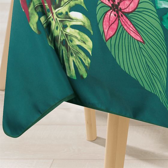 Tischdecke Anti-Fleck Grun mit Monstera-Blättern | Franse Tafelkleden