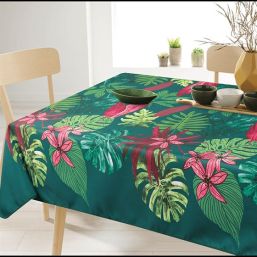 Tablecloth anti-stain rectangular, green with monstera leaves