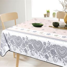 Tablecloth anti-stain rectangular, beige with flowers and hearts