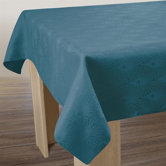 Anti-stain tablecloth in rectangular, blue with damask relief