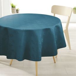 Round anti-stain tablecloth of 160 cm, blue with damask relief