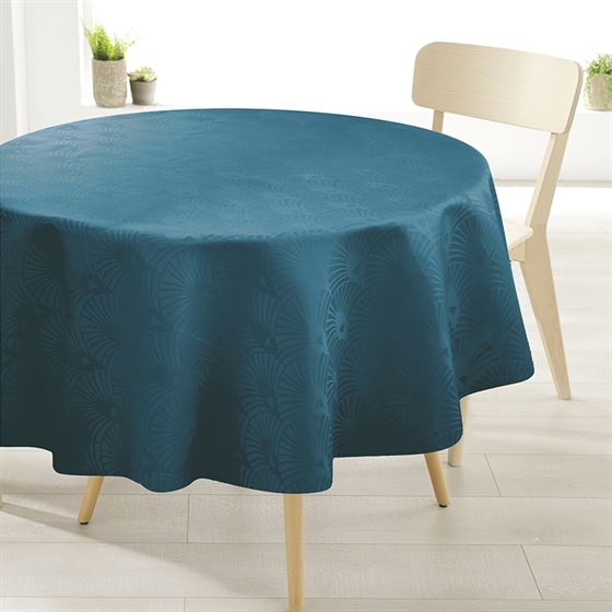 Nappe de table ronde anti-taches de 160 cm, bleue avec relief damassé