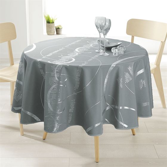 Tischdecke Anti-Fleck 160 cm rund grau mit silbernen Streifen