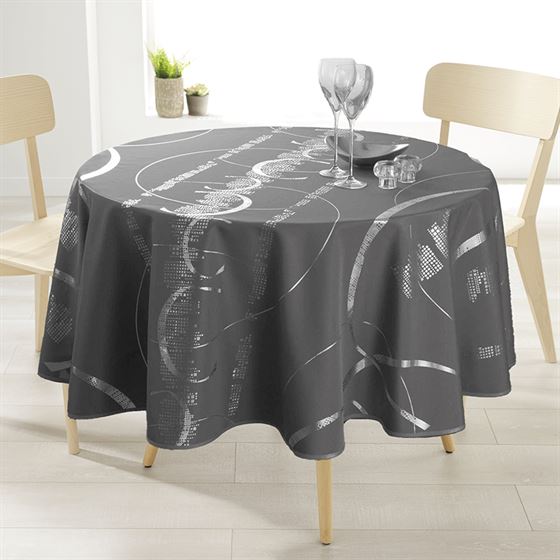 Tablecloth anti-stain 160 cm round anthracite with silver stripes Christmas