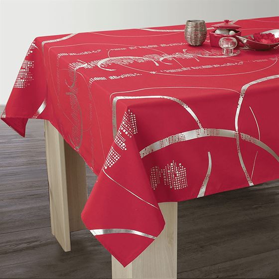 Nappe de table de Noël rectangulaire rouge antitache à rayures argentées