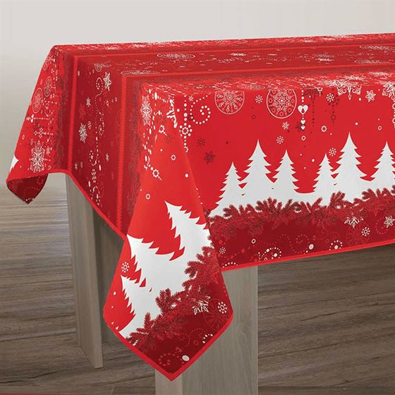 Tablecloth anti-stain rectangular red with white Christmas trees