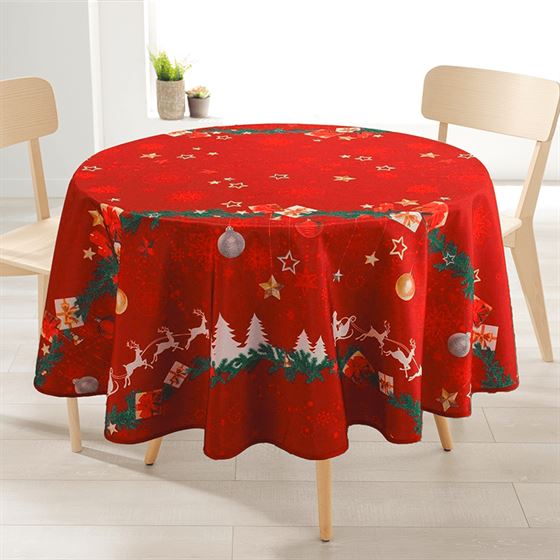 Tischdecke Anti-Fleck 160 cm rund rot mit weißen Weihnachtsbäumen