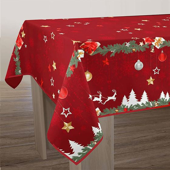 Tablecloth anti-stain rectangular red with white Christmas trees and reindeer