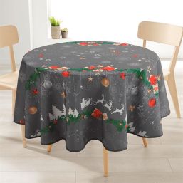Tablecloth anti-stain 160 cm round gray with white Christmas trees and reindeer