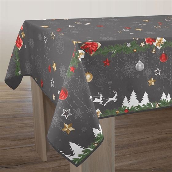 Tischdecke Anti-Flecken rechteckig grau mit weißen Weihnachtsbäumen und Rentieren