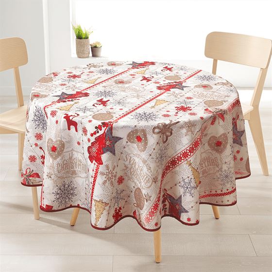 Beige merry christmas spruce and star tablecloth 160 cm round