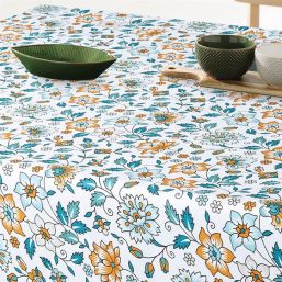 Nappe de table anti tache fleurs bleues et oranges | Franse Tafelkleden