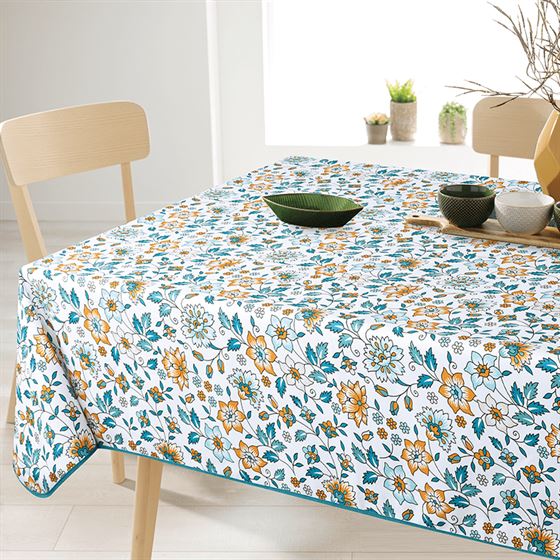 Nappe de table anti tache fleurs bleues et oranges | Franse Tafelkleden