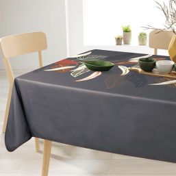 Tischdecke Anti-Fleck Anthrazit mit Blätter | Franse Tafelkleden