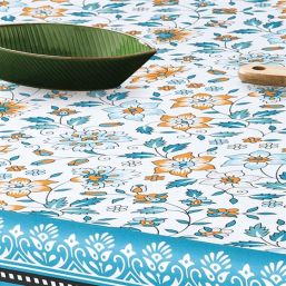 Tablecloth anti-stain blue, orange flowers | Franse Tafelkleden