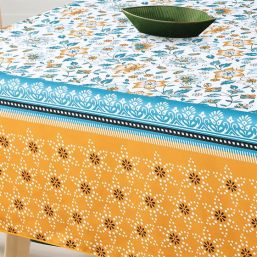 Tischdecke Anti-Fleck blau und orange Blumen | Franse Tafelkleden