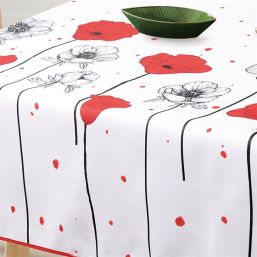 Tischdecke Anti-Fleck weiß mit Mohn | Franse Tafelkleden