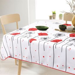 Tablecloth 160 cm round anti-stain white with poppy