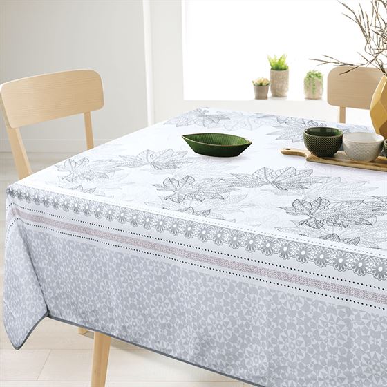Tablecloth rectangular anti-stain gray tropicana with leaves