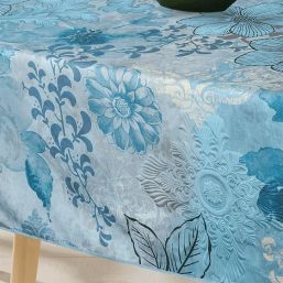 Tischdecke Anti-Fleck blau mit Ornament und Blumen | Franse Tafelkleden