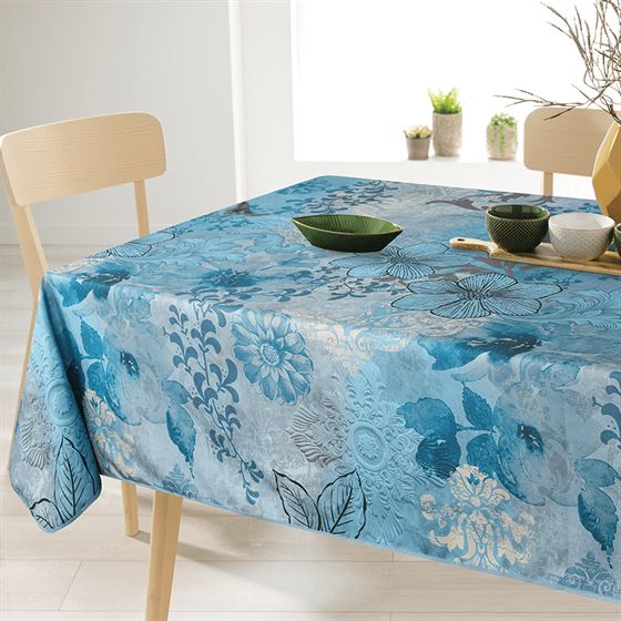 Tischdecke Anti-Fleck blau mit Ornament und Blumen | Franse Tafelkleden