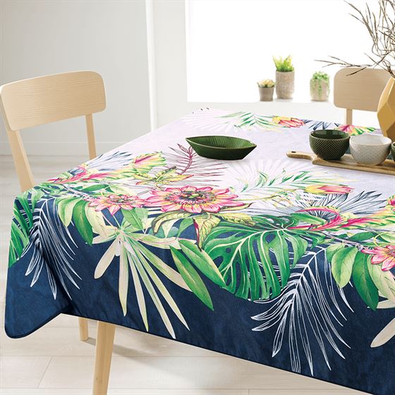 Nappe de table rectangulaire anti-tache bleu, blanc jungle tropicale