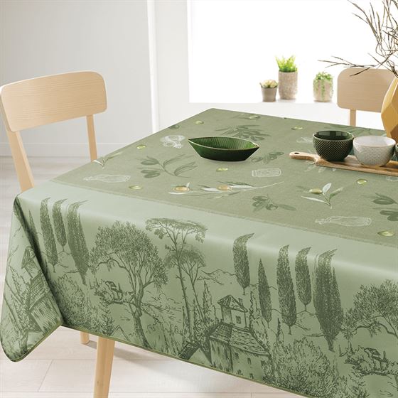 Nappe de table rectangulaire anti-tache verte Provence, olives