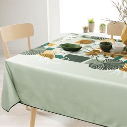 Tischdecke Anti-Fleck olivgrün mit Blättern | Franse Tafelkleden