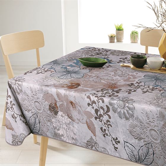 Anti-stain tablecloth rectangular classic taupe with flowers and ornaments