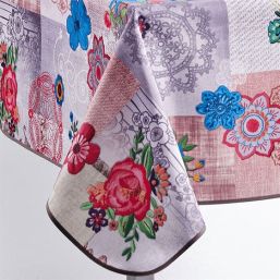 Tablecloth rectangular anti stain with flowers and brown bias tape