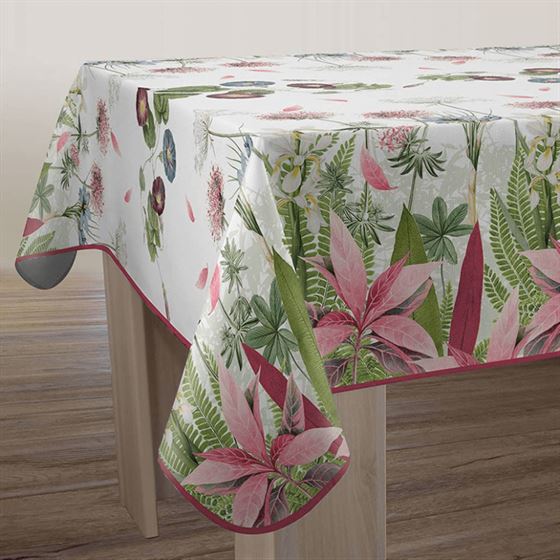 Ecrubeschichtete Tischdecke mit vollfarbigem Blumendruck