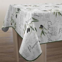 Tischdecke weiß mit Oliven und Blättern der Provence