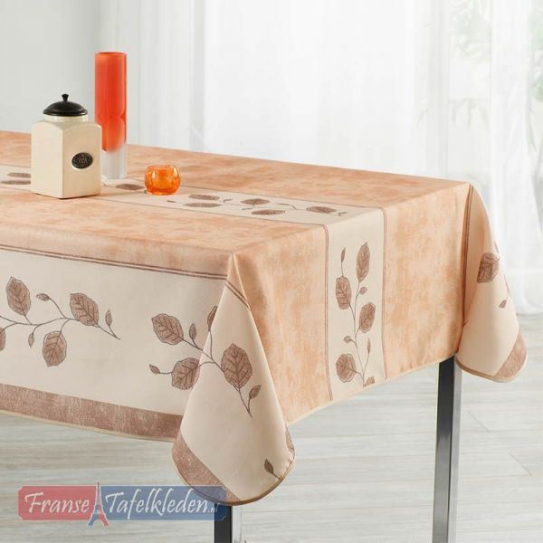 Tablecloth beige, brown and white with leaves 350 X 148 French tablecloths