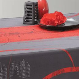 Tischdecke Anti-Fleck grau mit roten Streifen | Franse Tafelkleden