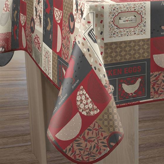 Tablecloth anti-stain red with Chicken family | Franse Tafelkleden