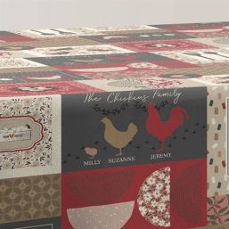 Tablecloth anti-stain red with Chicken family | Franse Tafelkleden