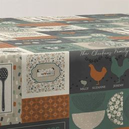 Tischdecke Anti-Fleck grün mit Hühnerfamilie | Franse Tafelkleden