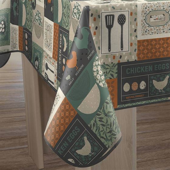 Tischdecke Anti-Fleck grün mit Hühnerfamilie | Franse Tafelkleden