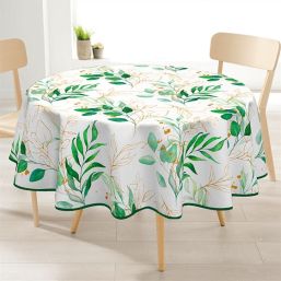 Tablecloth round water-repellent white with yellow and green leaves