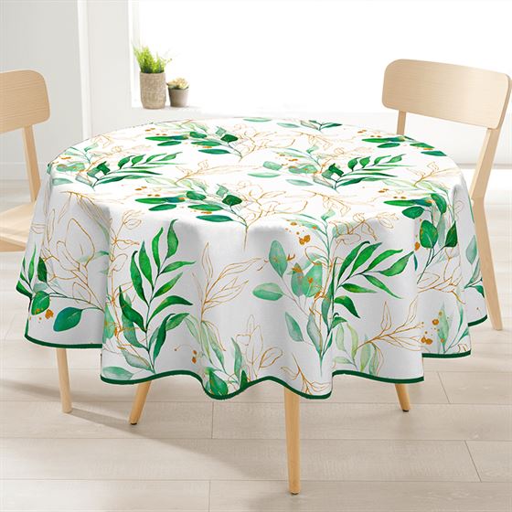 Tischdecke rund wasserabweisend weiß mit gelben und grünen Blättern