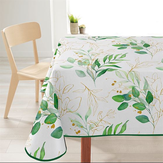 Nappe de table rectangulaire déperlante blanche avec feuilles jaunes et vertes