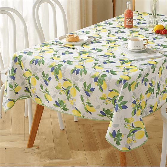 Tablecloth rectangular anti-stain white with lemons and leaves