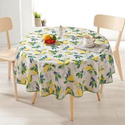 Tablecloth round anti-stain white with lemons and leaves