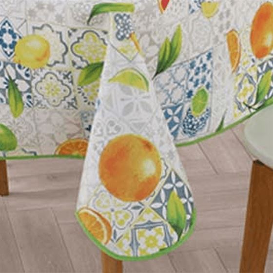 White tablecloth with lemons, grapefruit and oranges from Valencia, Spain
