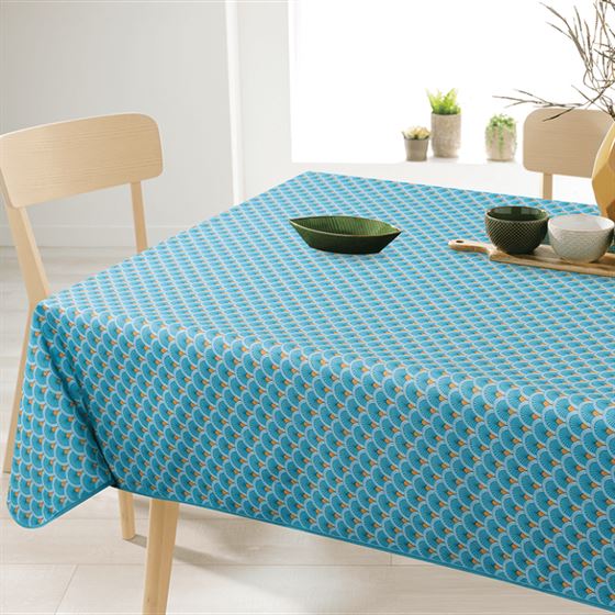 Tischdecke rechteckig schmutzabweisend blau mit Pfauenbögen