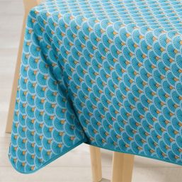 Tablecloth anti-stain blue with peacock arches