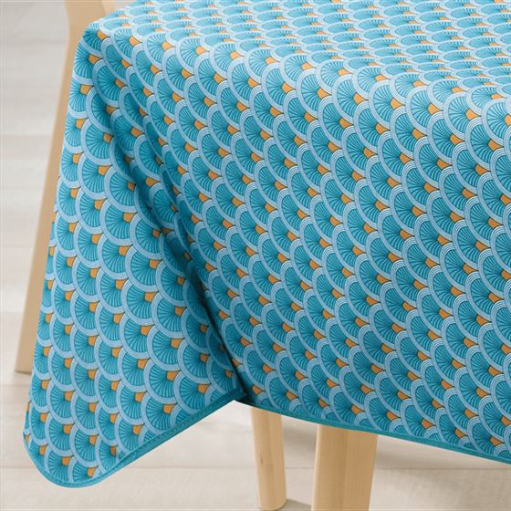 Nappe de table anti-taches bleue avec arcs de paon