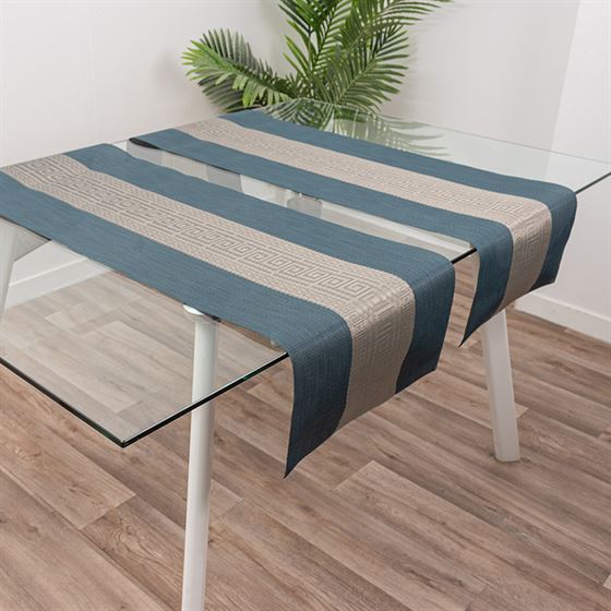 Chemin de table vinyle tissé bleu azur avec gris 135cm x 40cm