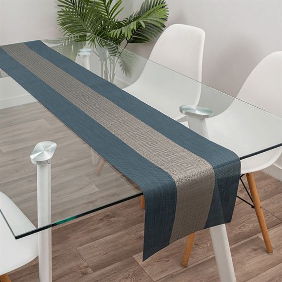 Chemin de table vinyle tissé bleu azur avec gris 180cm x 30cm