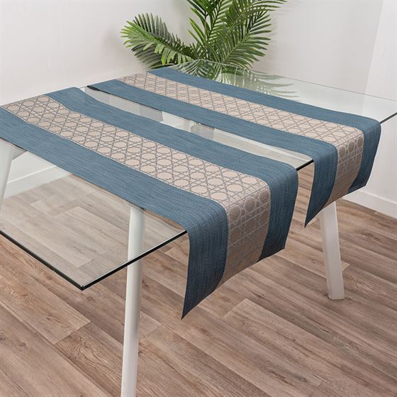 Chemin de table vinyle tissé bleu azur et bronze 135cm x 40cm